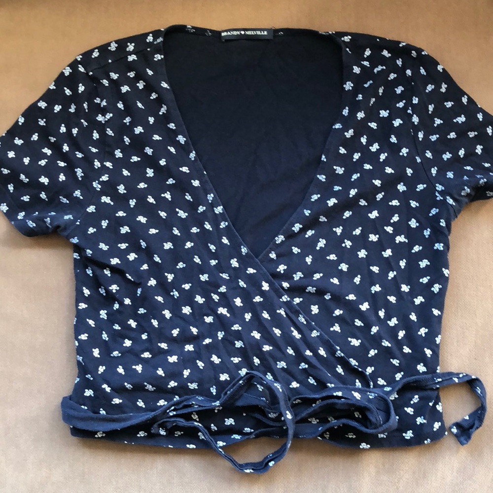 Brandy Melville wraparound shirt one size black with white flowers